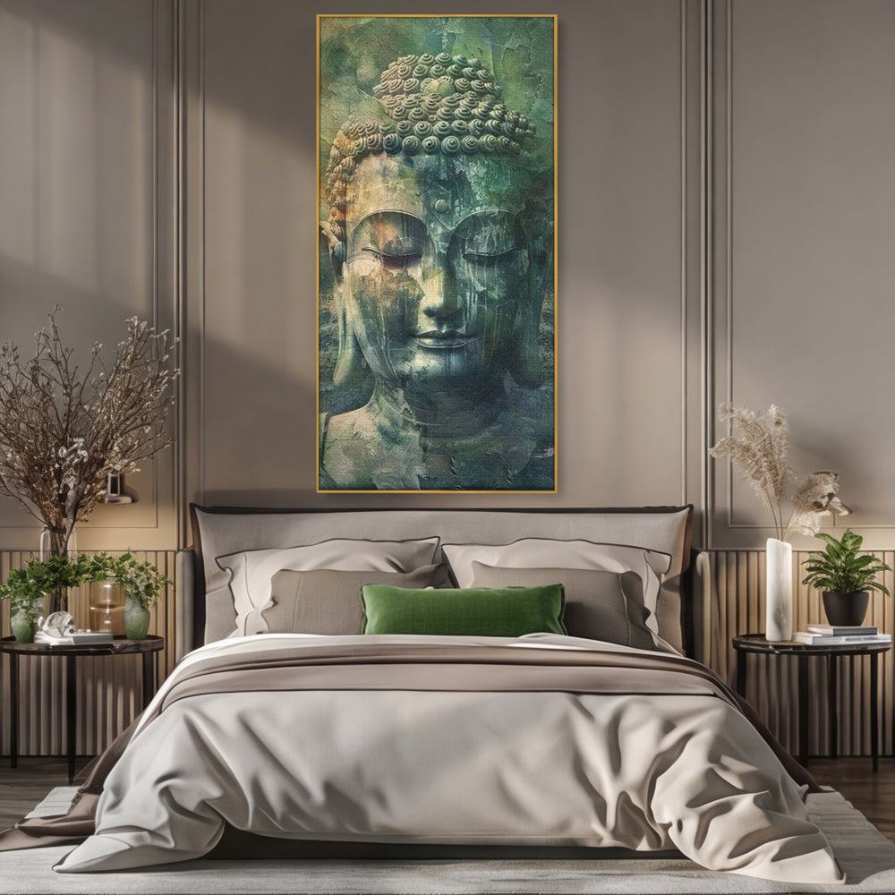 Tablou canvas cu tablou canvas cu chipul lui buddha, in rama de aluminiu auriu, pe perete intr-un dormitor